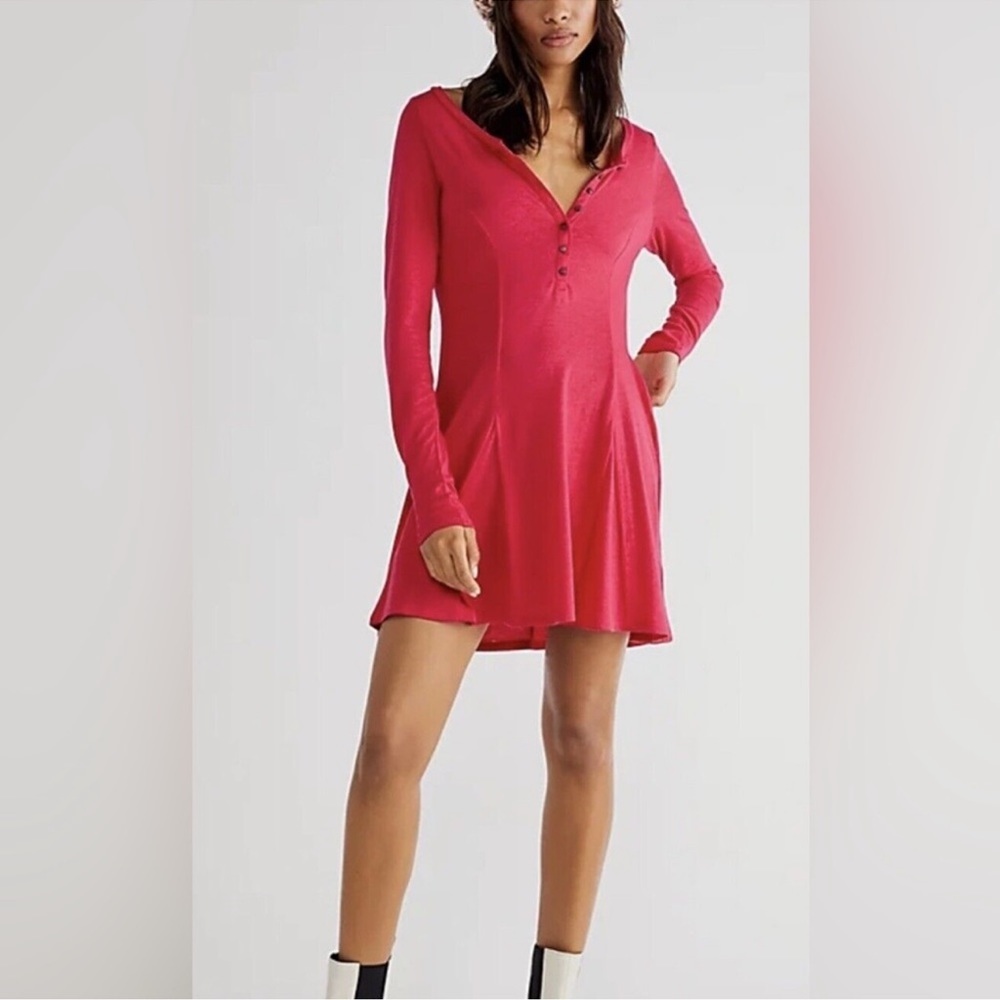 Free People Beach Miles of Henley Mini Dress in Pink Long Sleeve